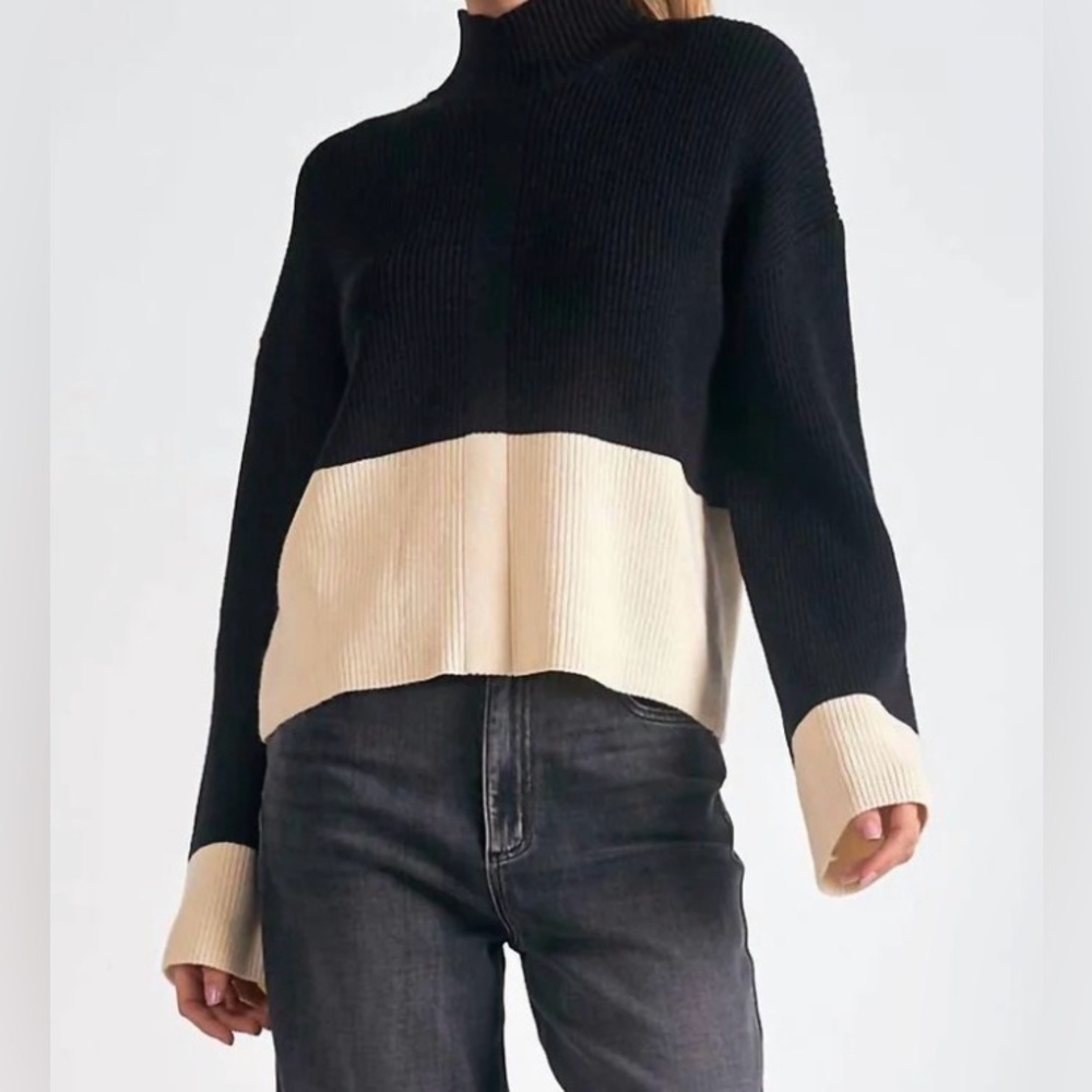 NWT Elan Colorblock Mock-Neck Sweater - Black and Cream